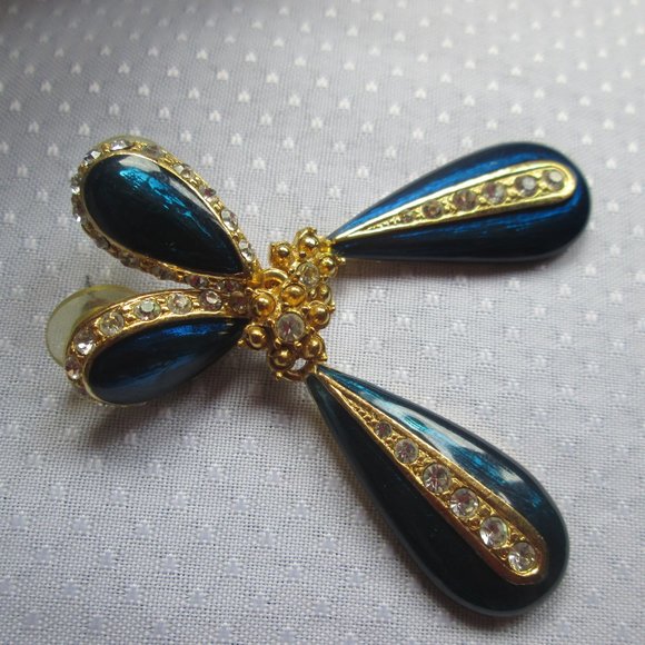 VINTAGE STAR BRIGHT - ROYAL and CRYSTAL TEARDROP EARRINGS - NWOT - Picture 2 of 15
